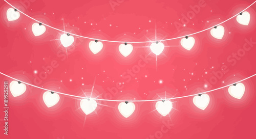 Two strings of glowing heart-shaped lights against a vibrant pink background with subtle sparkling effects, ideal for romantic themes.