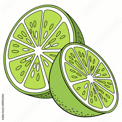 A vibrant illustration of two limes, one whole and one cut in half.