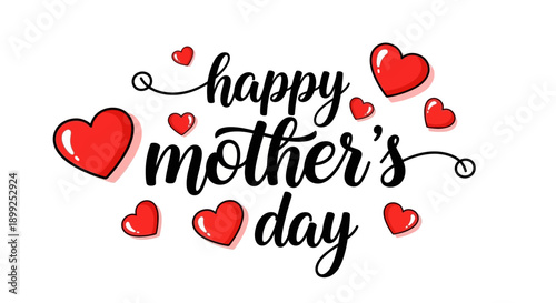 A black script font spells 'happy mother's day' surrounded by numerous red hearts on a white background, celebrating the special occasion.