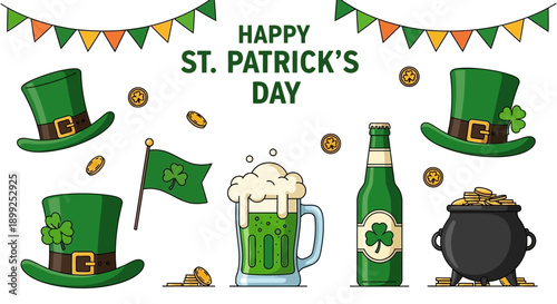 Happy St. Patrick's Day celebration items including green hats, beer, flag, gold coins, and a pot of gold on a white background.