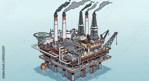 Offshore oil rig platform with smoking chimneys and industrial machinery.