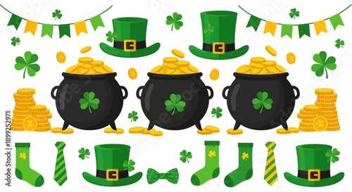 A vibrant collection of St. Patrick's Day themed items featuring pots of gold, leprechaun hats, shamrocks, green socks, ties, and festive bunting.