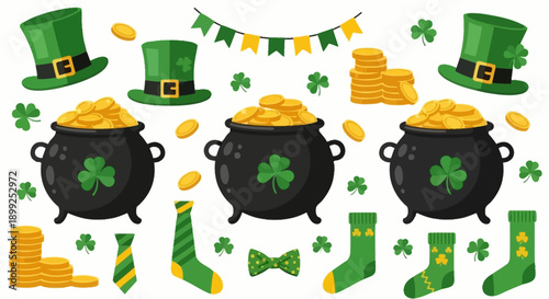 A vibrant collection of St. Patrick's Day themed items including pots of gold, leprechaun hats, shamrocks, and green accessories.