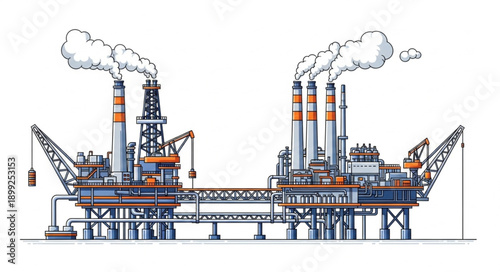 Offshore oil rig platform with smoking chimneys industrial structure.