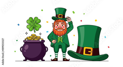 A cartoon illustration of a leprechaun, a pot of gold, a shamrock, and a large green hat, with colorful confetti.