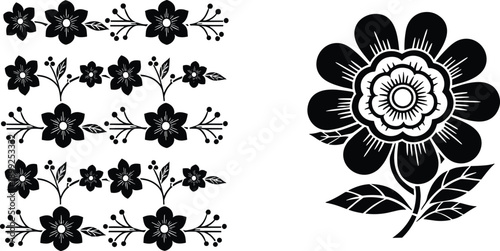 Black floral vector illustration with decorative flower borders and single folk flower, ornamental botanical silhouettes isolated on white background design