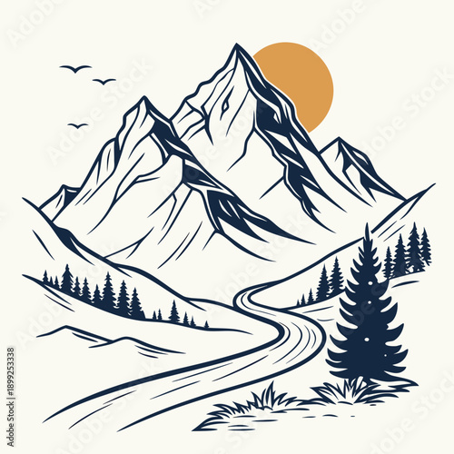 Majestic mountains with a rising sun and a winding river below.