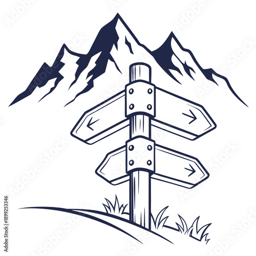 A scenic illustration of a mountain range with a signpost pointing in different directions.