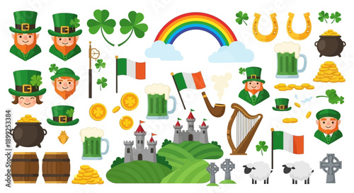 A comprehensive collection of St. Patrick's Day and Irish culture elements, including leprechauns, shamrocks, rainbows, pots of gold, green beer, flags, castles, and harps.