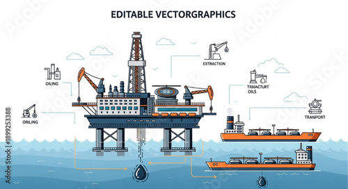 Offshore oil rig platform with support vessels in the ocean.