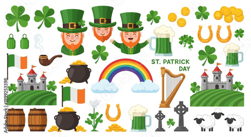 A vibrant collection of St. Patrick's Day themed elements including leprechauns, shamrocks, pots of gold, rainbows, castles, green beer, and Irish flags.