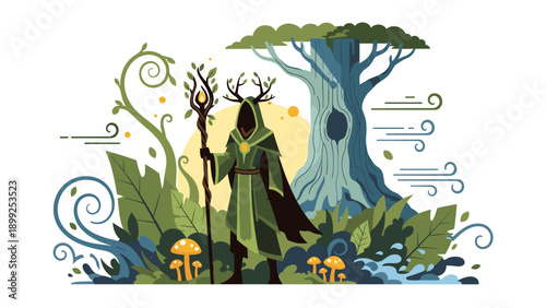 Mystical Nature Spirit with Antlers and Staff in a Vibrant Fantasy Forest Illustration