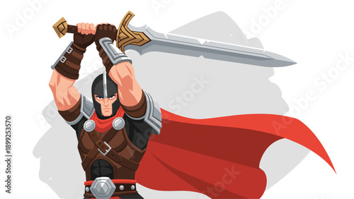 Powerful fantasy warrior character with a red cape, holding a longsword overhead in a striking pose.