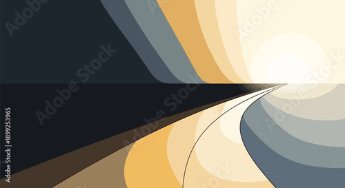 Abstract road curves into the distance with vibrant sunlight and shadows