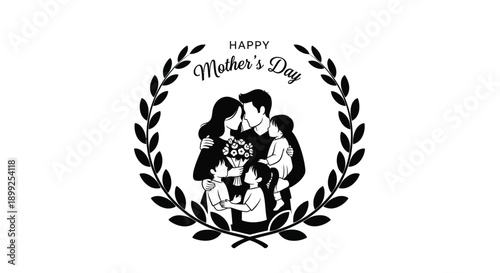 Happy mother s day wreath with family figures black silhouette
