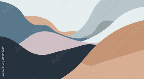 Abstract mountain landscape with wavy colorful shapes in blue orange and gray hues