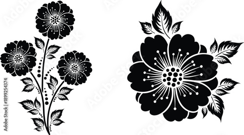 Black floral vector illustration with decorative flowers and leaves, vintage botanical ornament isolated on white background design