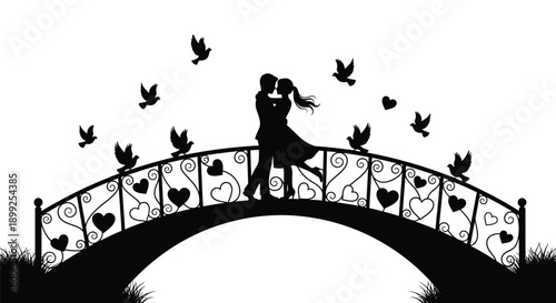 Couple embracing on a bridge with flying birds a romantic silhouette