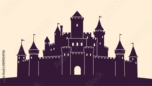 Fairytale Castle Silhouette Vector. Royal Fantasy Palace with Towers and Flags. Magical Medieval Fortress Graphic.