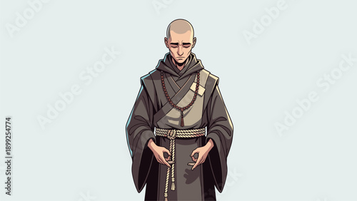 Serene Monk Character in Traditional Robes Meditating. Spiritual Contemplation and Inner Peace Illustration.