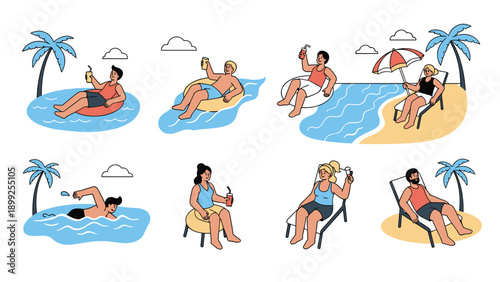 Collection of people relaxing during summer, featuring individuals swimming, sunbathing on loungers, and floating on inner tubes.