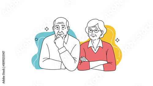 Senior man and woman with thoughtful expressions, the man chin-in-hand and the woman with arms crossed, against a colorful background.