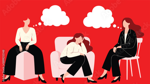 Three women in professional and casual attire sitting in a counseling session with blank thought bubbles, representing therapy or discussion.