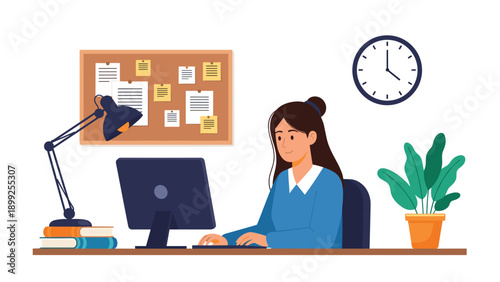 Young woman sitting at a wooden desk working on a computer in a home office with a clock and plant on the background.