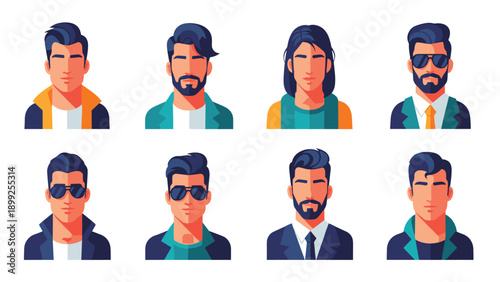 Collection of diverse male avatars with various hairstyles beard styles and fashion choices in a modern flat design style.