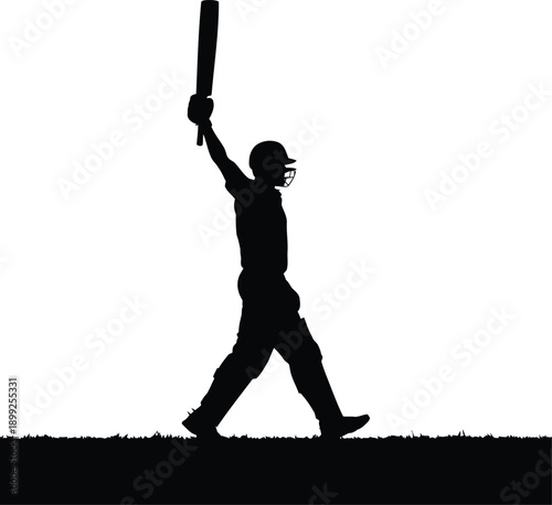 Silhouette of a triumphant cricket batsman in silhouette walking with bat raised on a white background