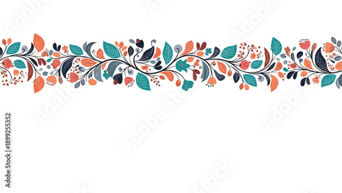 Long horizontal floral border pattern featuring stylized flowers and leaves in orange teal and navy blue colors on white.