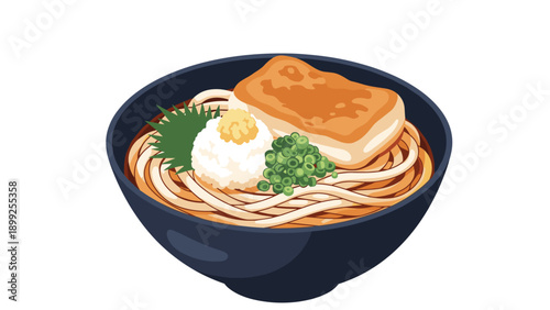 Bowl of authentic japanese kitsune udon noodles served with a thick slice of fried tofu grated daikon and green onions.