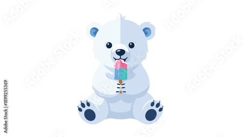Cute polar bear cub sitting and enjoying a colorful pink and blue popsicle on a stick isolated on a white background.