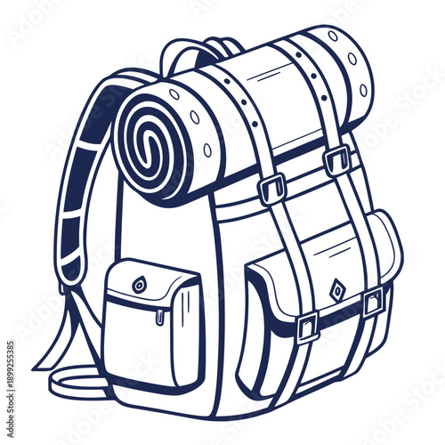 A detailed illustration of a backpack filled with various camping gear and supplies