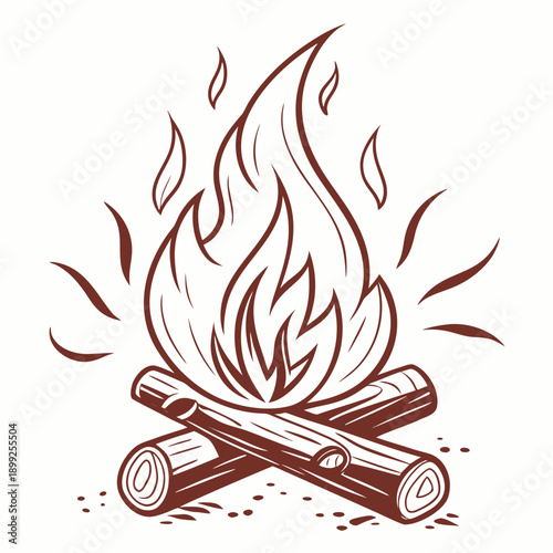 A vibrant illustration of a burning campfire with wooden sticks arranged in a teepee formation