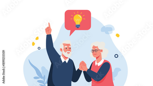 Happy senior couple standing together with a light bulb in a speech bubble above them, symbolizing a great idea or creative inspiration.