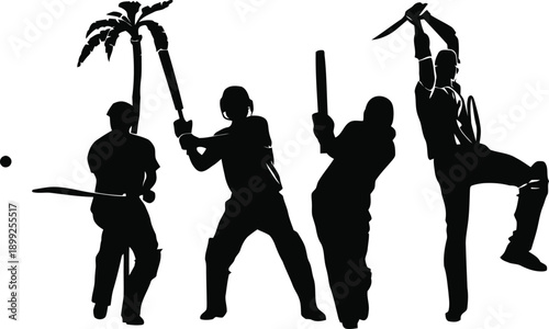Silhouettes of Cricket Players and a Palm Tree on a White Background sport game