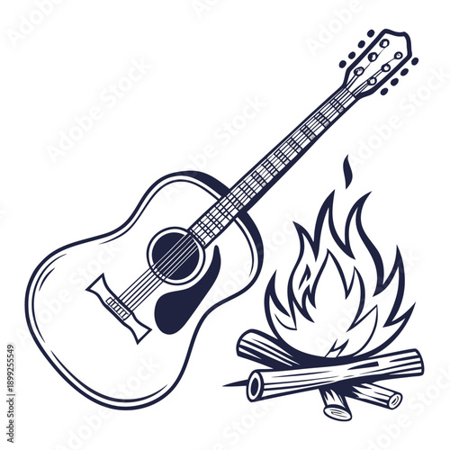A guitar resting on a campfire, symbolizing music and outdoor adventures.