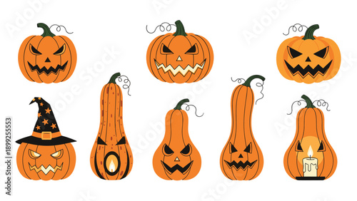 Set of eight carved Halloween pumpkins and gourds with various spooky faces, including one wearing a witch hat and another with a candle.