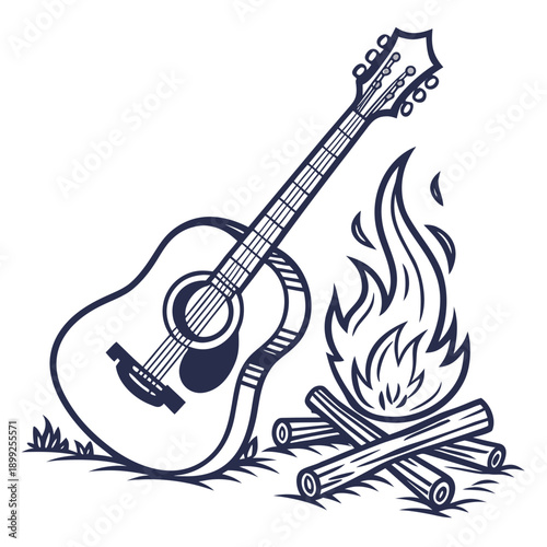 A guitar resting on a stand with a campfire burning nearby, creating a cozy atmosphere.