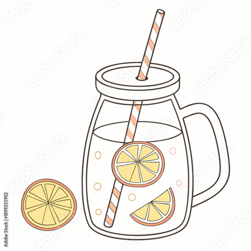 A refreshing pitcher of lemonade with fresh lemon slices and a straw