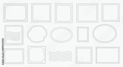 Collection of various blank postage stamp outlines with decorative borders and wavy lines.