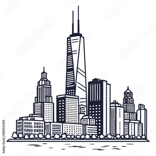 Skyline of a modern city with a prominent tall building in the center