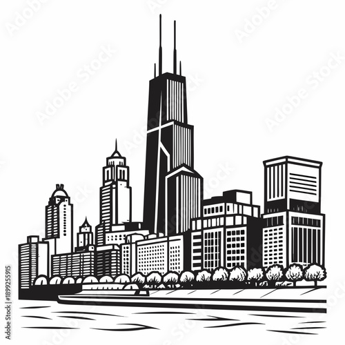 A detailed black and white illustration of the chicago skyline with prominent buildings