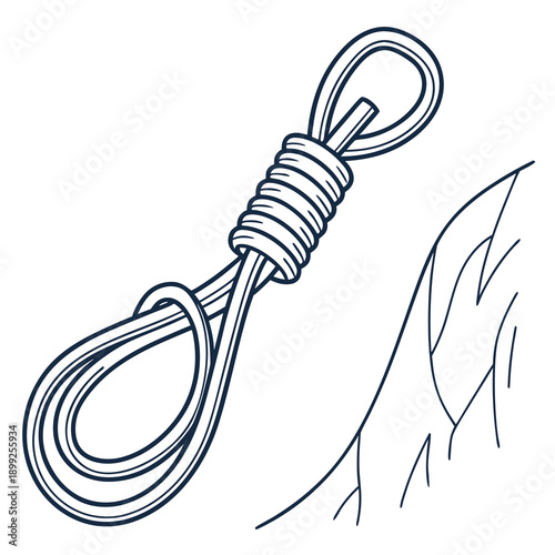 A detailed illustration of a rope with a loop at the end, tied to a rock.