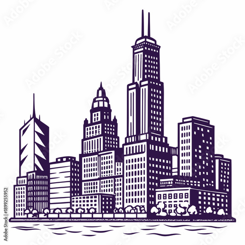 A detailed illustration of a city skyline with various buildings and structures