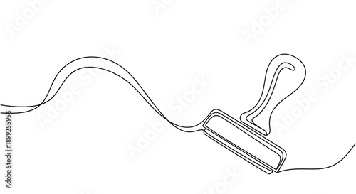 A minimalist, continuous line drawing of a rubber stamp with a wavy ribbon flowing from it.