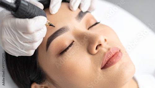 Woman undergoing cosmetic procedure with gloved hands holding device near eyebrow