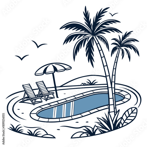 A serene poolside scene with palm trees and beach umbrellas.