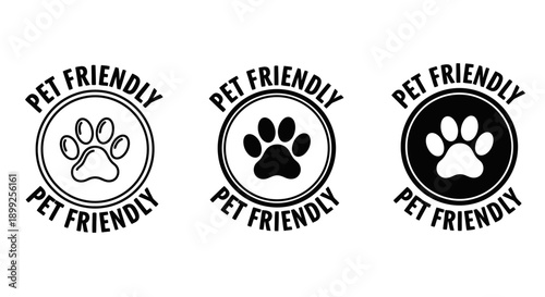 Three circular icons indicating a pet-friendly environment, featuring a paw print in the center and the text "PET FRIENDLY" around it.